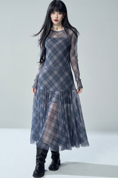 Blue Plaid Long Sleeve Dress Set