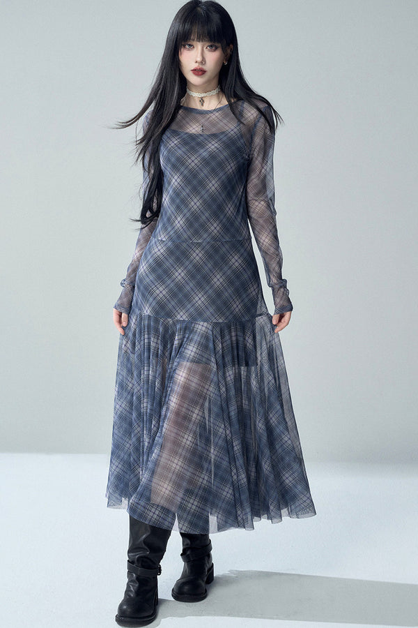 Blue Plaid Long Sleeve Dress Set