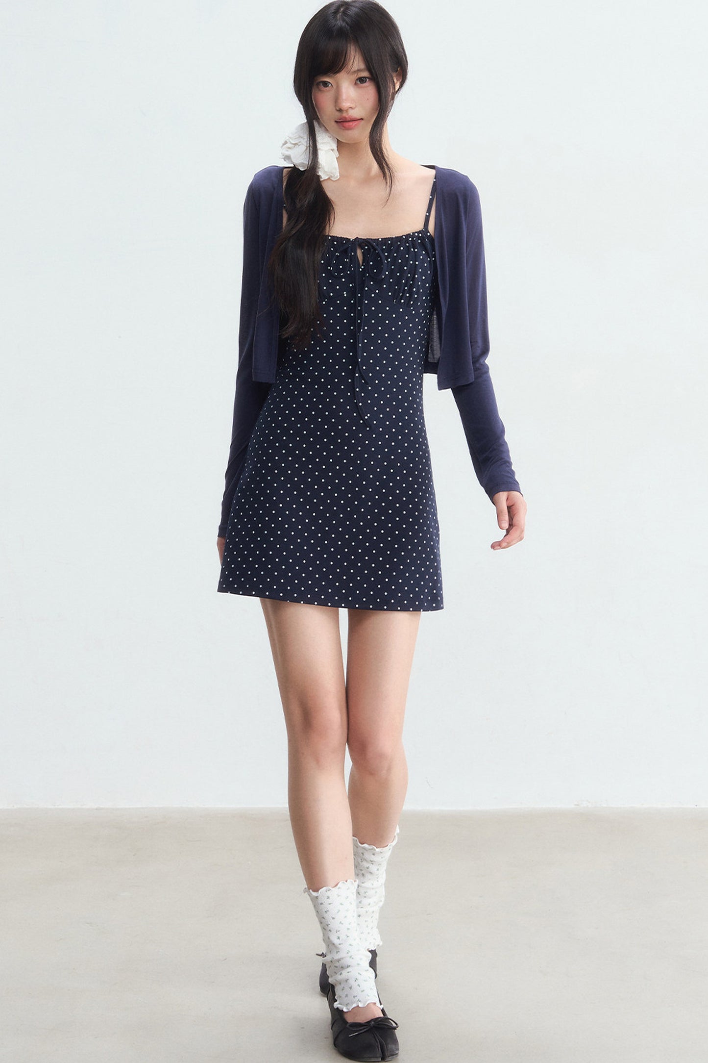 Navy Polka Dot Suspender Dress With Cardigan