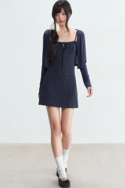 Navy Polka Dot Suspender Dress With Cardigan