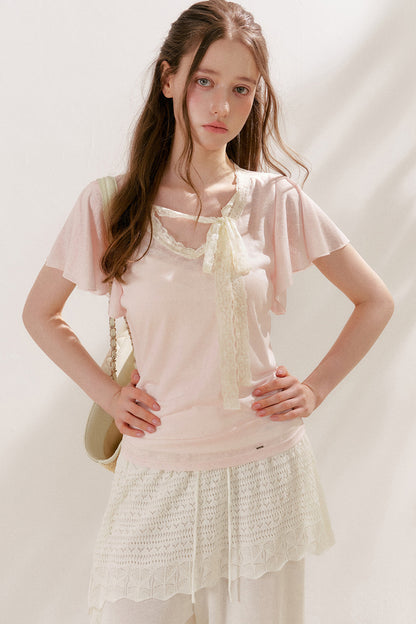 Lace Tie Bowlet Short Sleeve Top