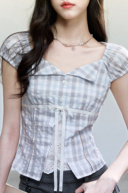 Summer Blue Plaid Patchwork Blouse