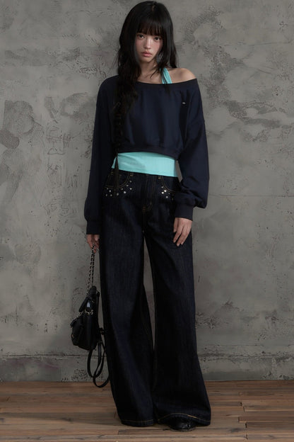 Off-Shoulder Halter Sweatshirt and Pants Set-Up