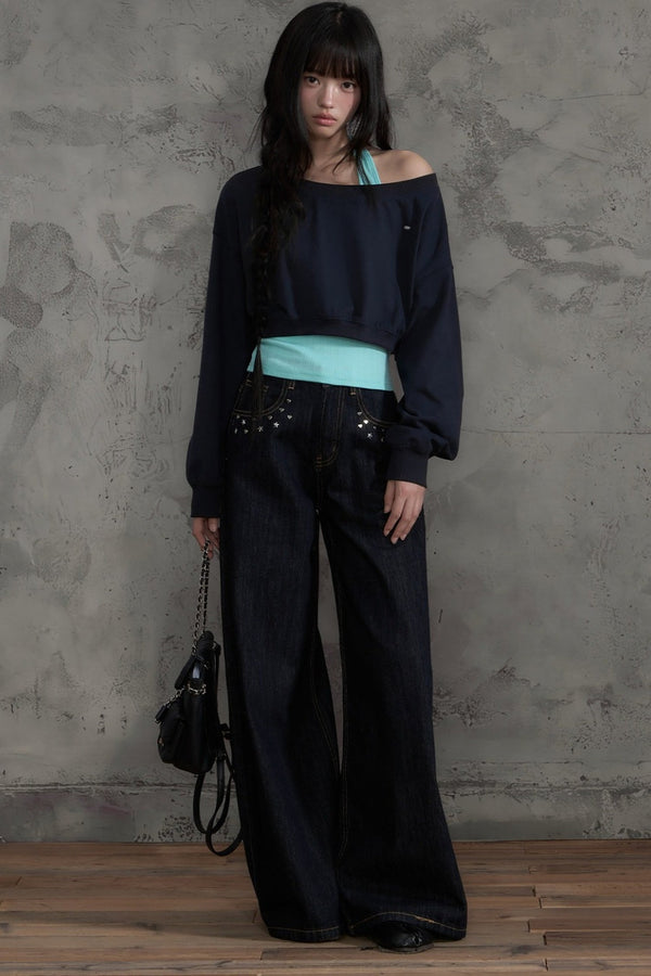 Off-Shoulder Halter Sweatshirt and Pants Set-Up
