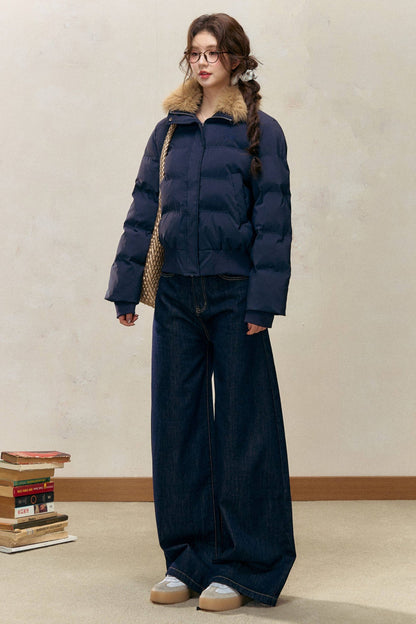 Navy Blue Fur Collar Padded Jacket and Pants Set-Up