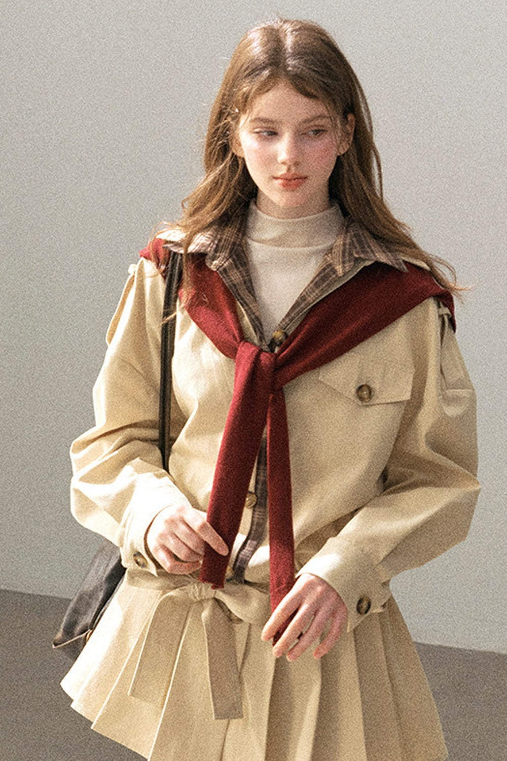 Plaid Collar Trench Coat With Pleated Skirt Set-Up