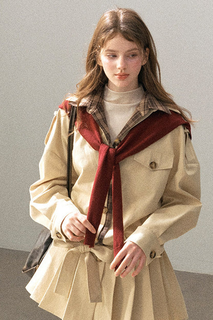 Plaid Collar Trench Coat With Pleated Skirt Set-Up