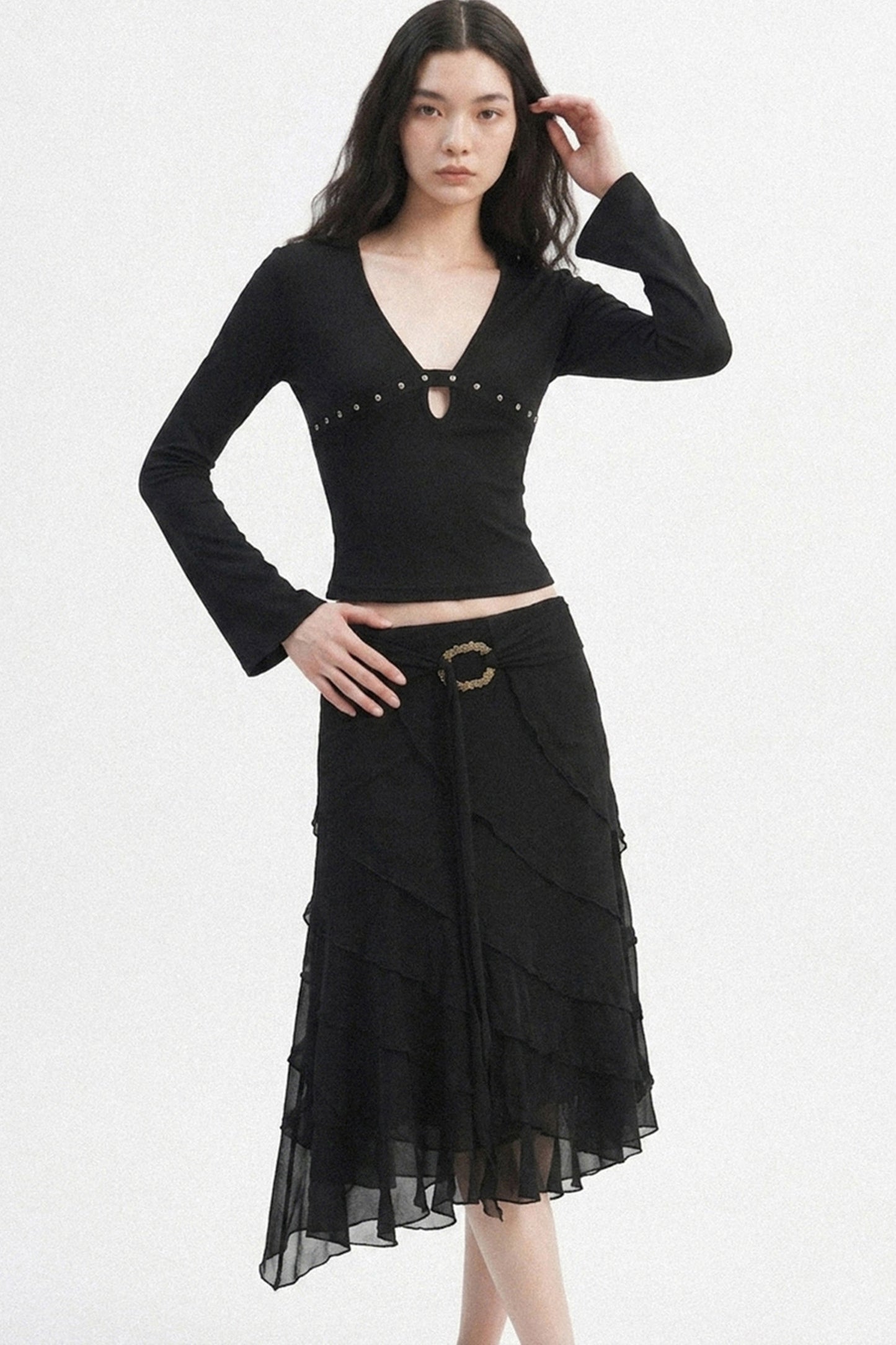 Black Metal Ring Tie Irregular Layered Tulle Skirt