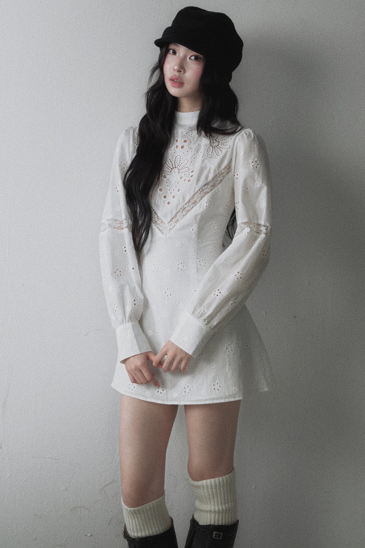 Hollow Embroidery Patchwork Long-Sleeve A-Line Dress