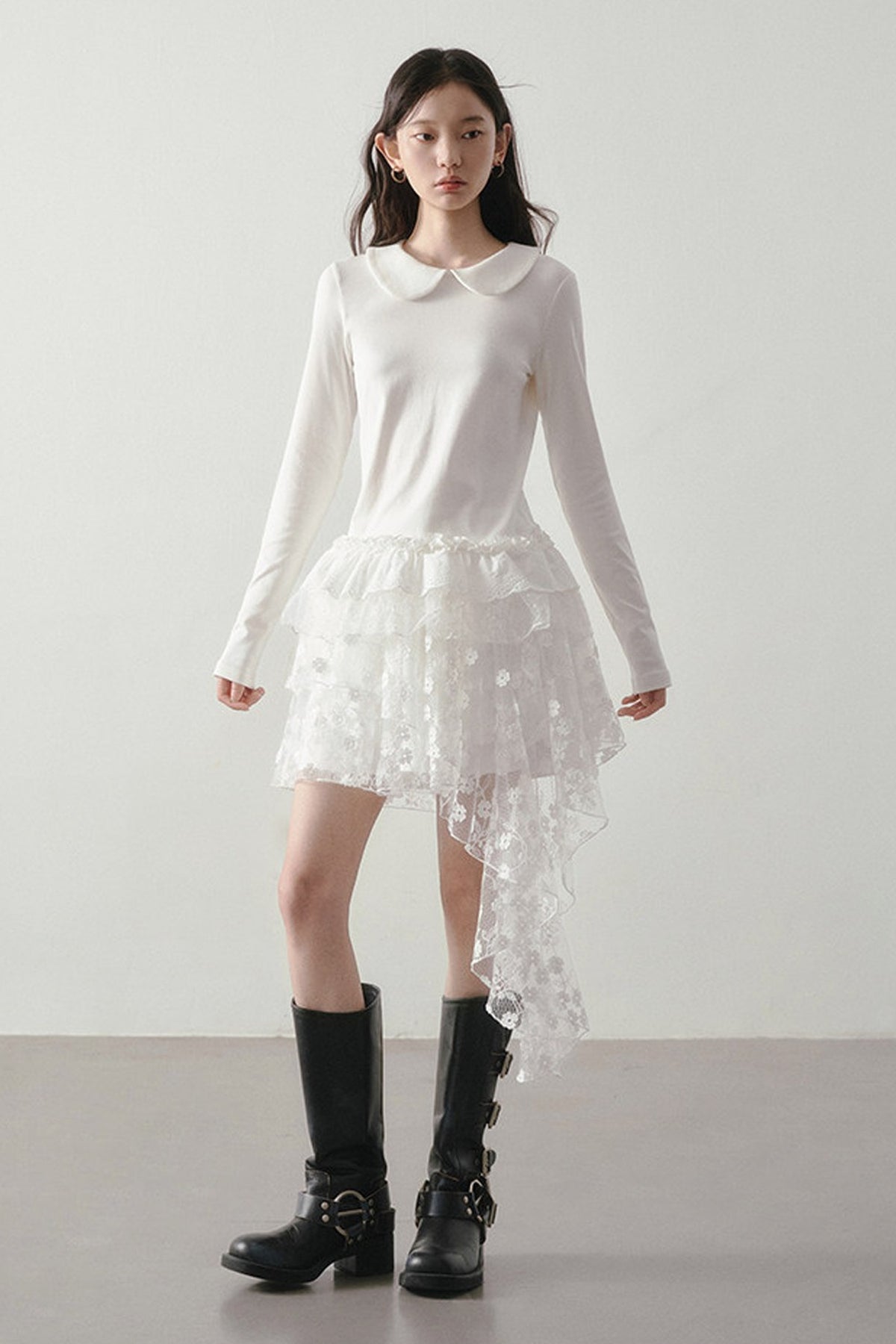 White Floral Lace Mesh High-Waisted Skirt
