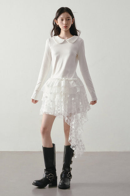 White Floral Lace Mesh High-Waisted Skirt