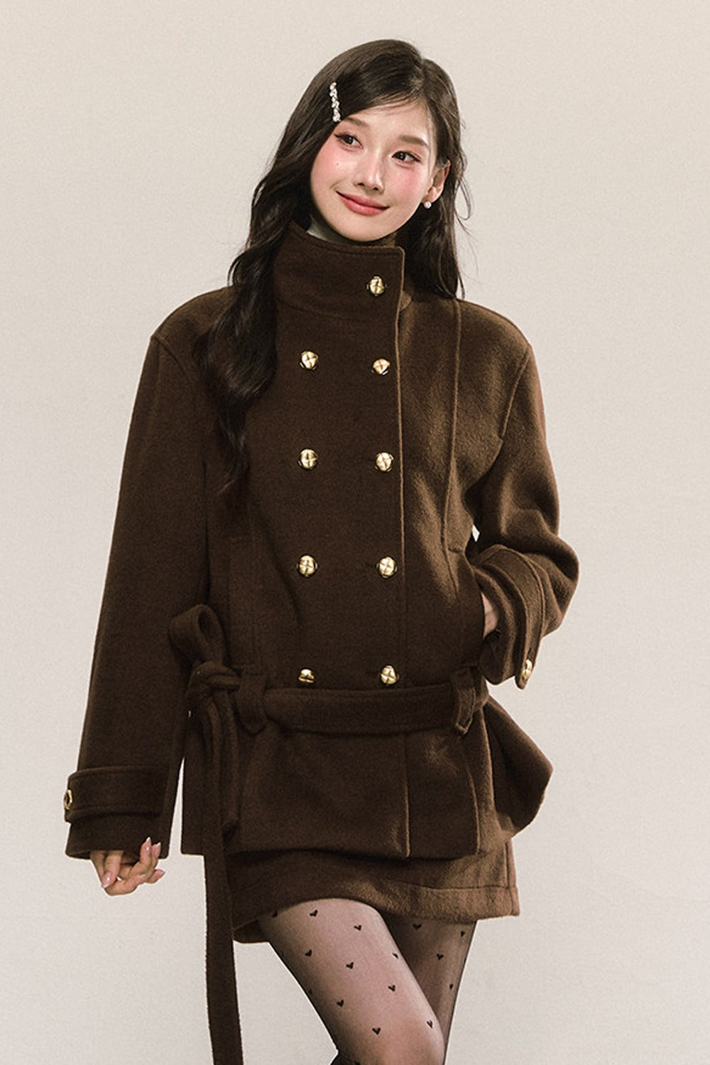 Elegant Double-Breasted Woolen Coat and Skirt Set-Up