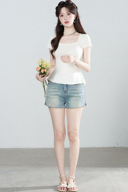 Square Neck Knit Top and Polka Dot Skirt Set-Up