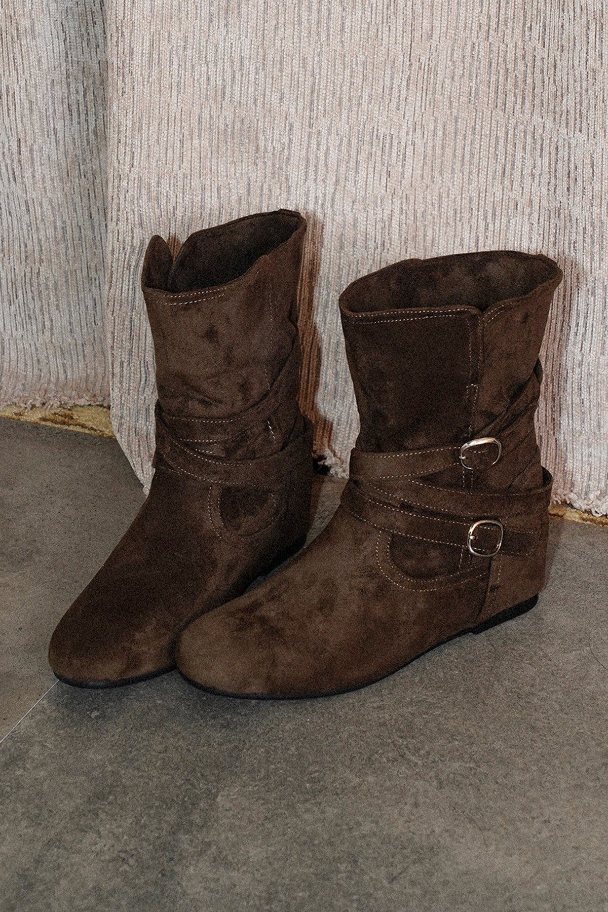 Round Toe Buckle Wedge Boots