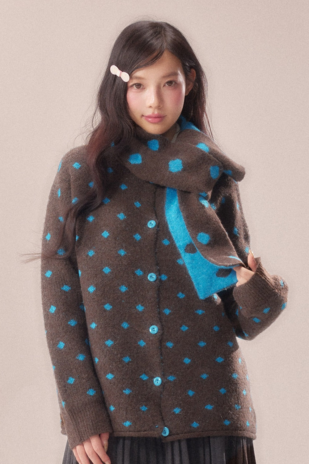 Polka Dot Scarf Knit Cardigan