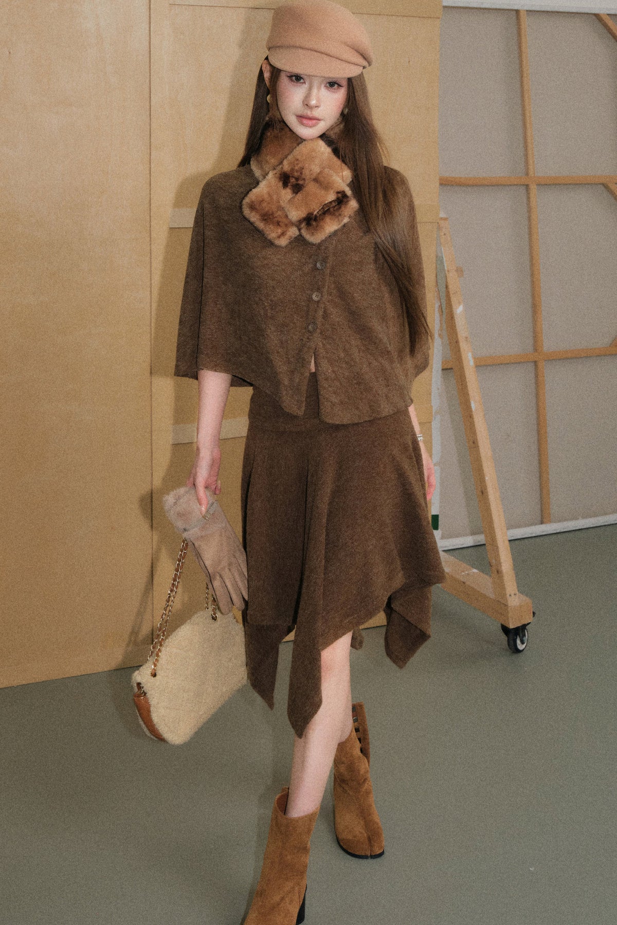 Mocha Brown Velvet-Like Top and Skirt Set