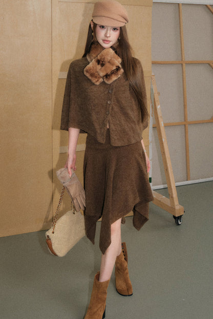 Mocha Brown Velvet-Like Top and Skirt Set