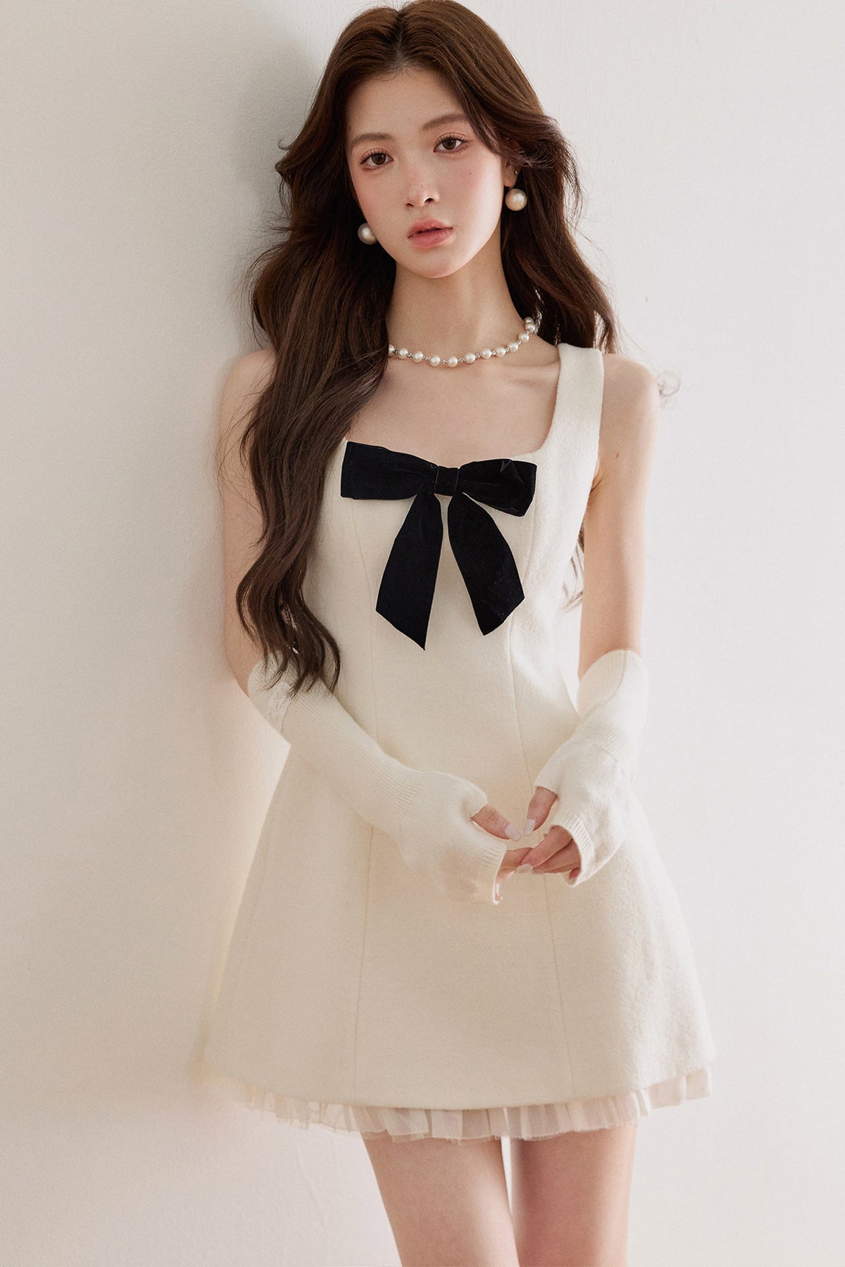 Bow Waist Mesh Wool Dress
