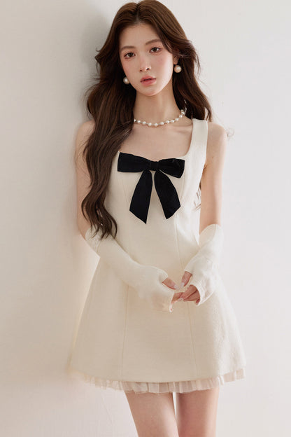 Bow Waist Mesh Wool Dress