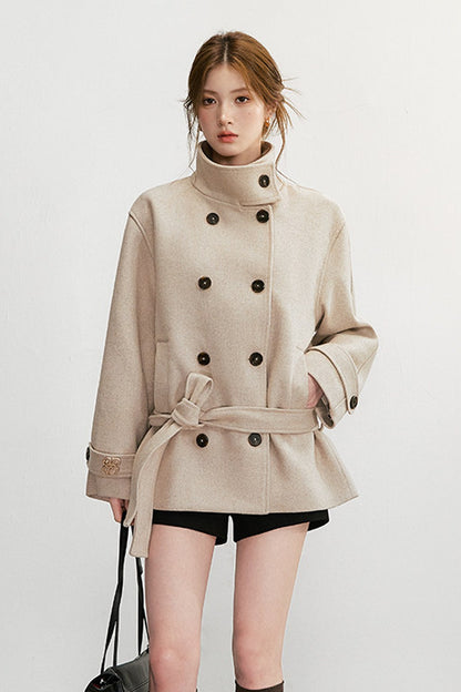 50% Wool Double-Breasted Tie Waist Jacket