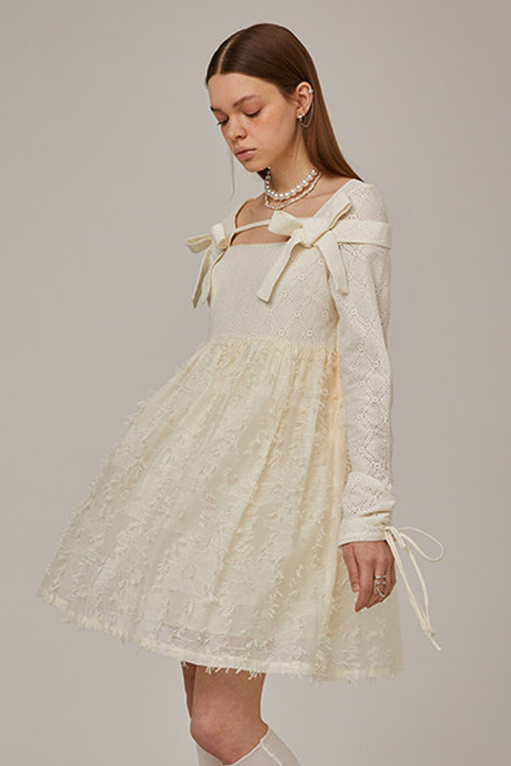 Beige Plaid Lace Bow Dress