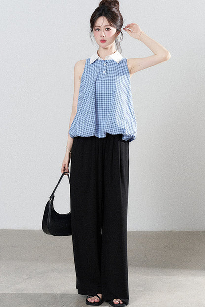 Blaue karierte Halter-Bluse