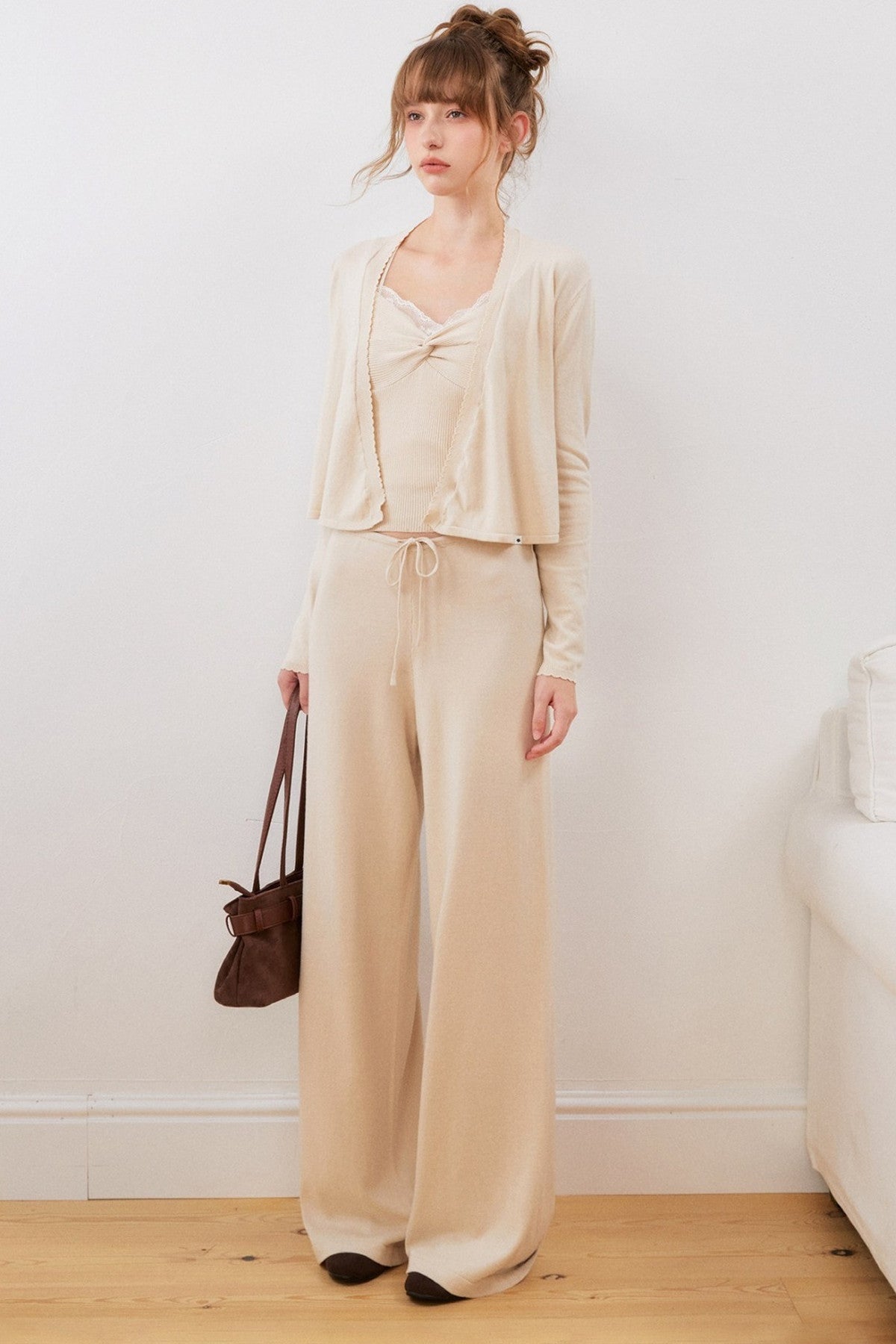 Cotton Knotted Wave Edge Knit Cardigan Set-Up