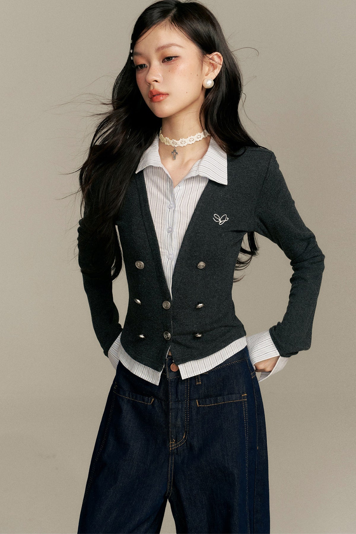Double-Breasted Layered-Look Knit Top