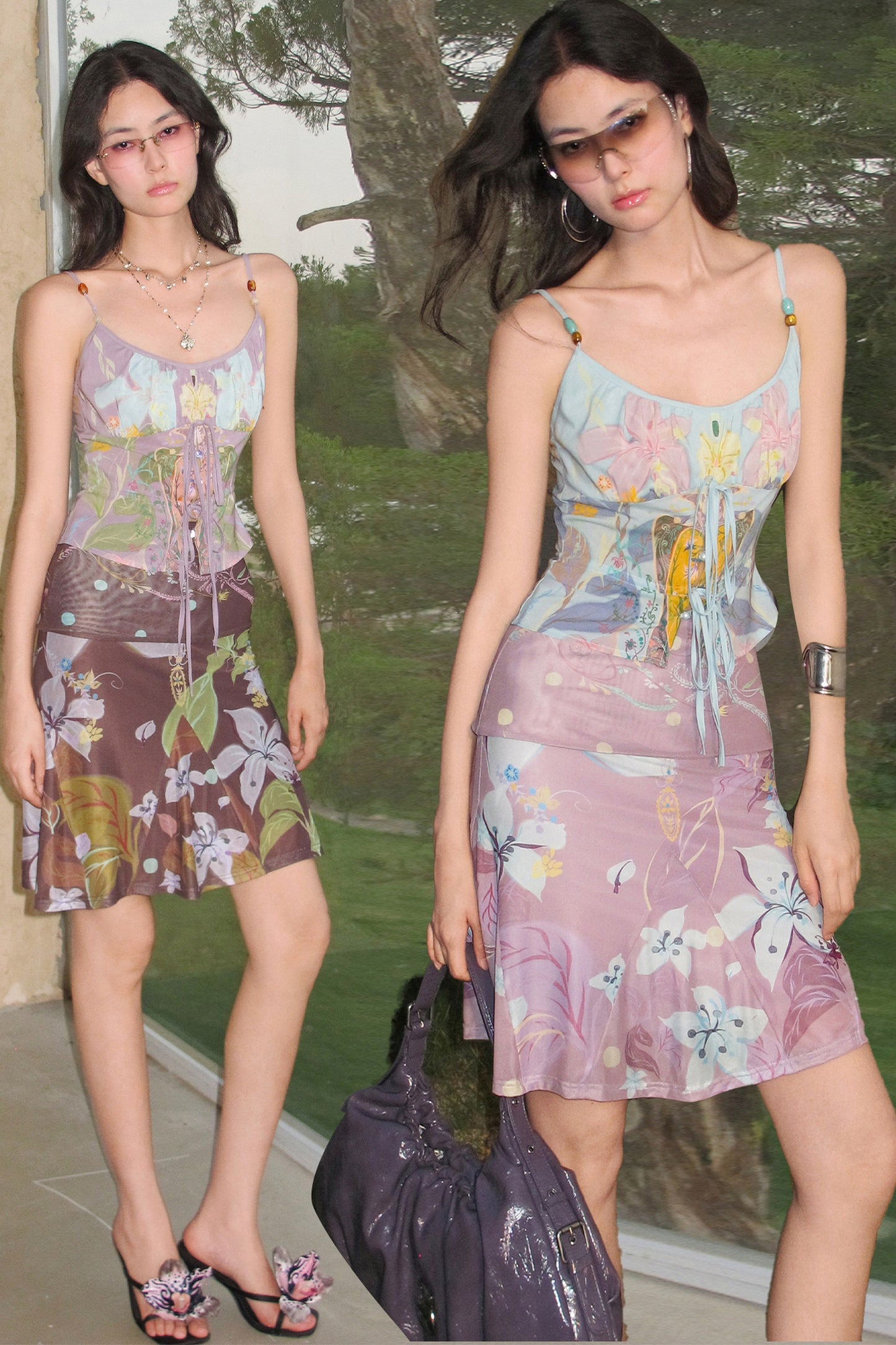 Retro Smudged Floral Chiffon Strap Mesh Skirt Set-Up
