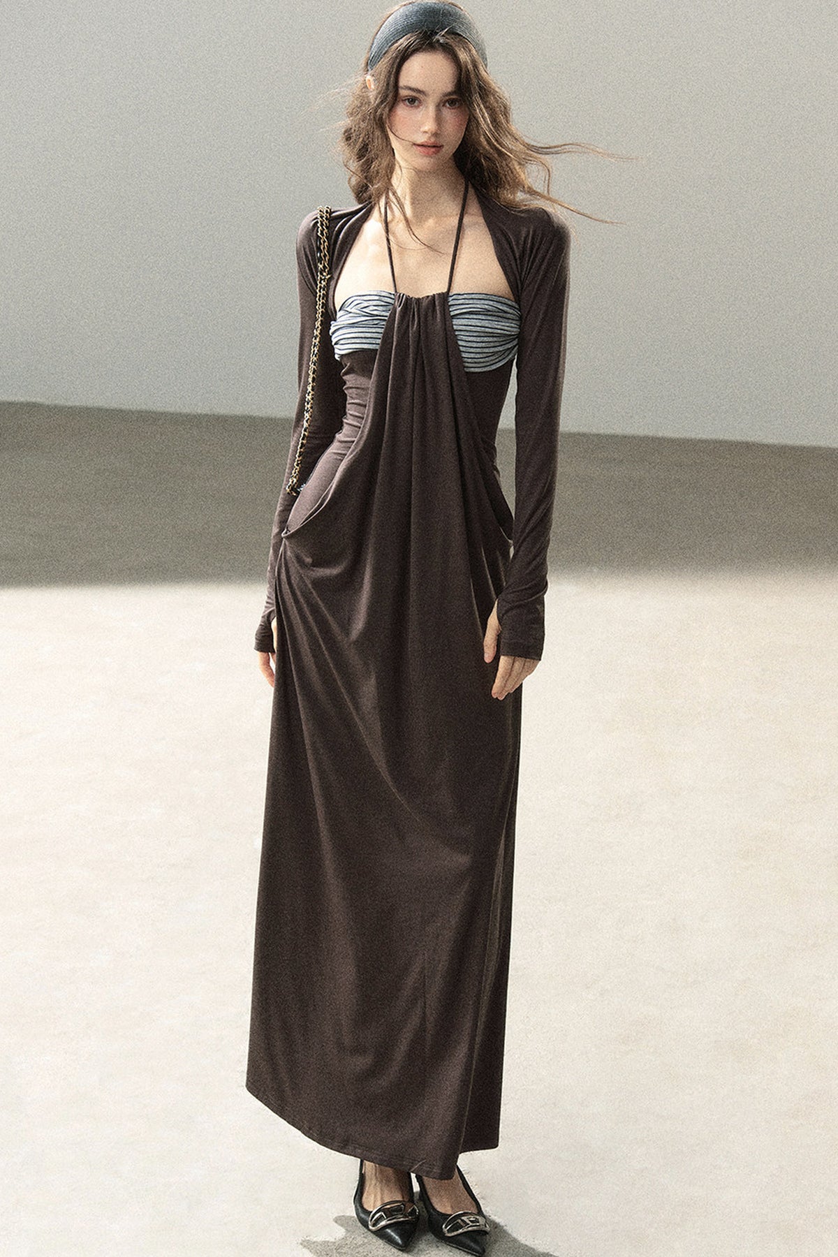 Shawl and Striped Long Dress Set-Up