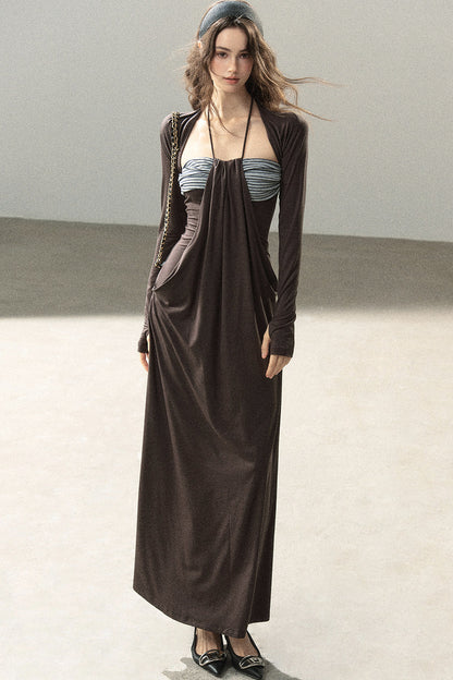 Shawl and Striped Long Dress Set-Up