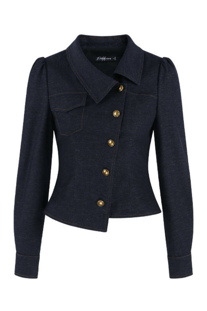 Asymmetrical Lapel Blue Top and Pants Set-Up