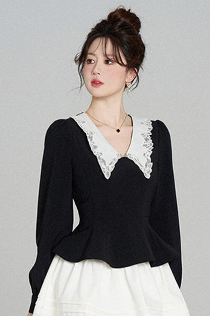 Peplum Waist Lace Collar Shirt