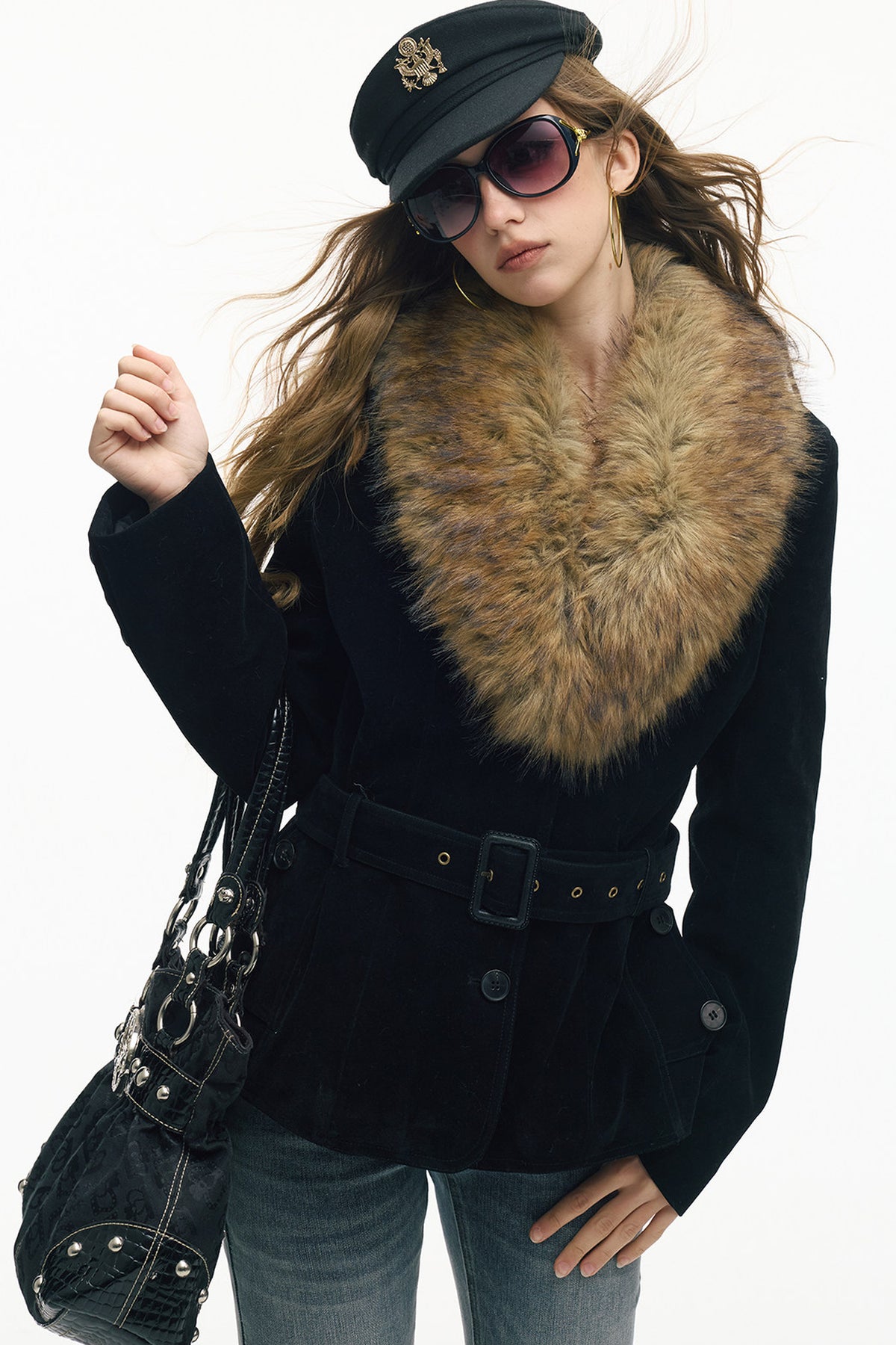 Belted Suede Fur Collar Jacket