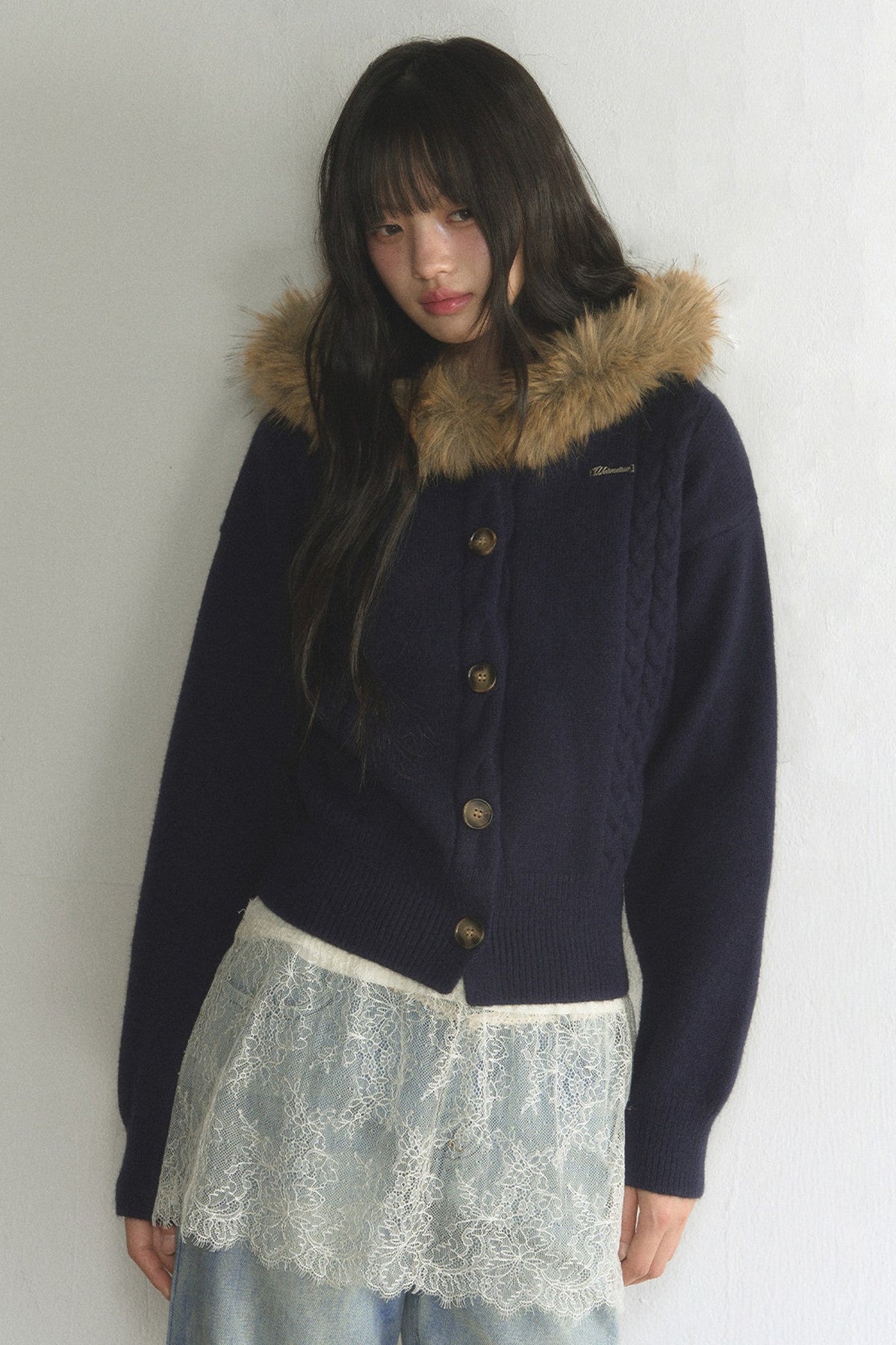 Fur Collar Hooded Cable Knit Cardigan Set-Up