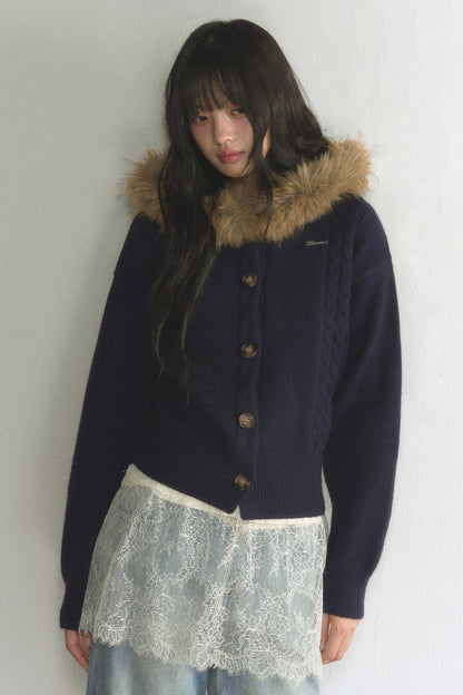 Fur Collar Hooded Cable Knit Cardigan Set-Up