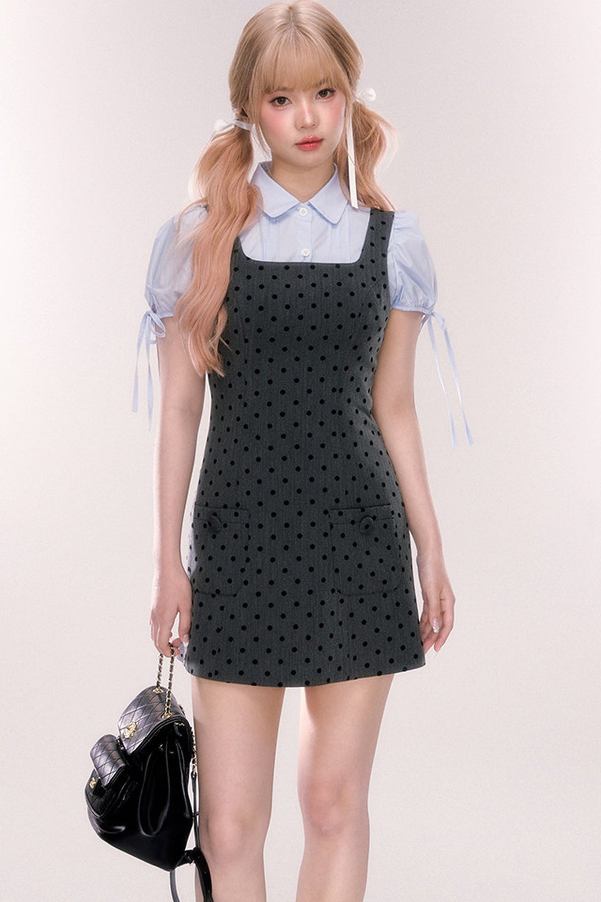 Blue Short-Sleeved Bow Puff Sleeve Shirt
