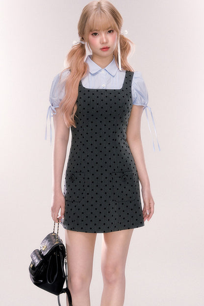 Blue Short-Sleeved Bow Puff Sleeve Shirt