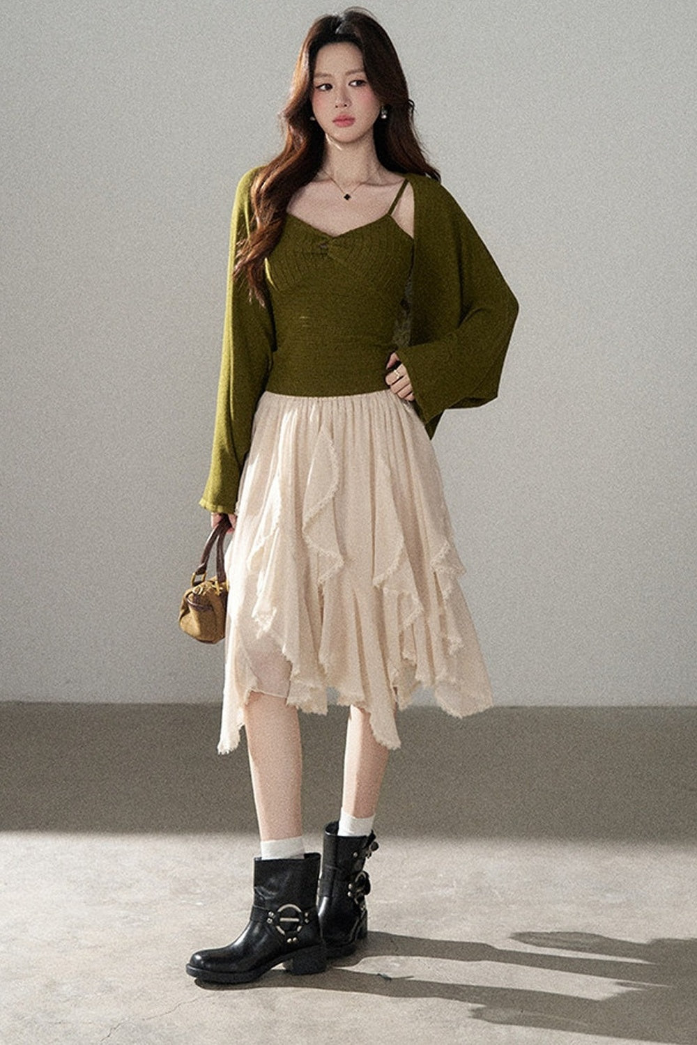 V-Neck Knitted Cardigan and Camisole Set-Up