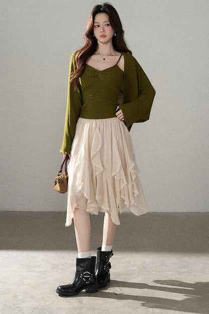 V-Neck Knitted Cardigan and Camisole Set-Up