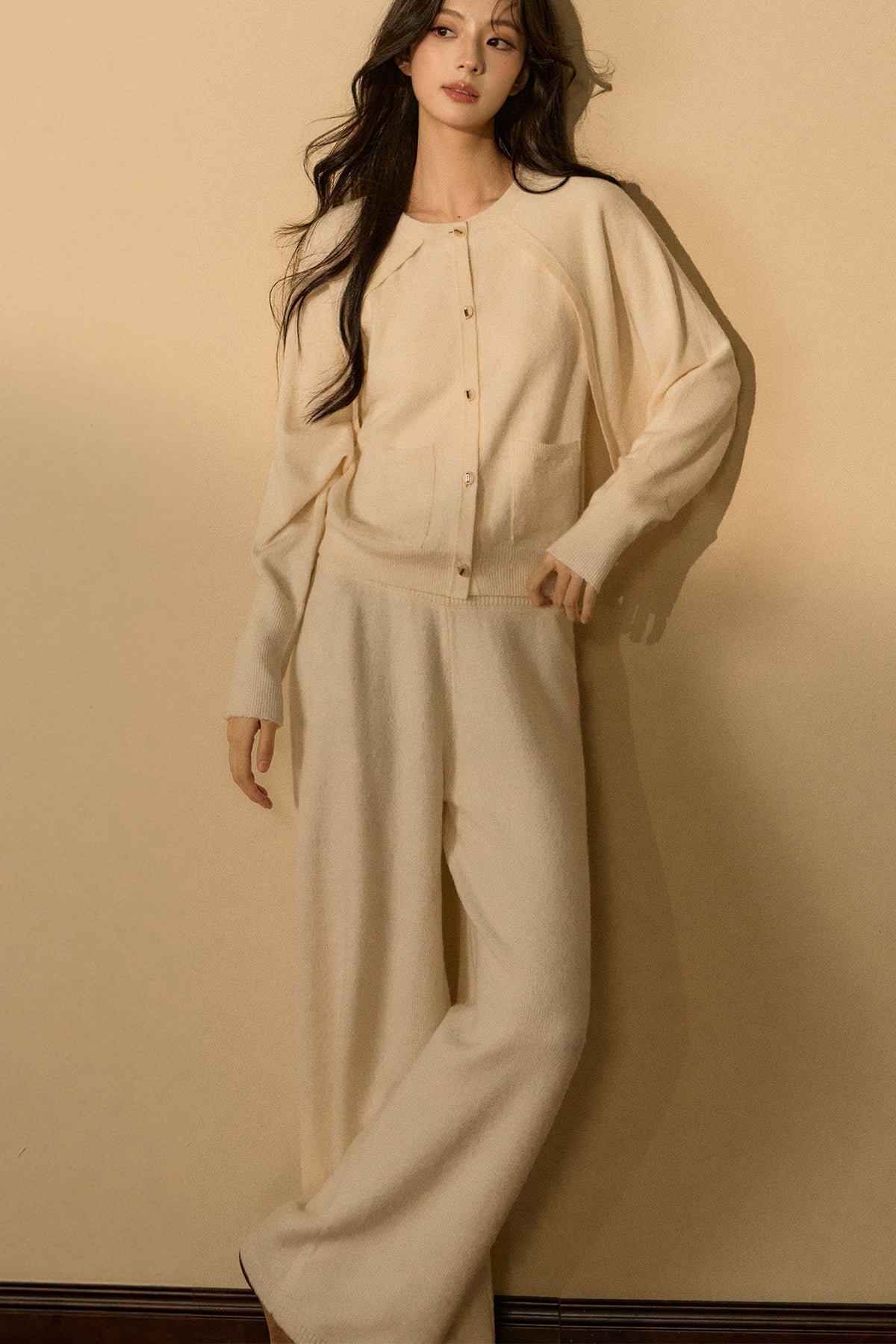Wool and Cashmere Blend Cardigan and Pants Set-Up