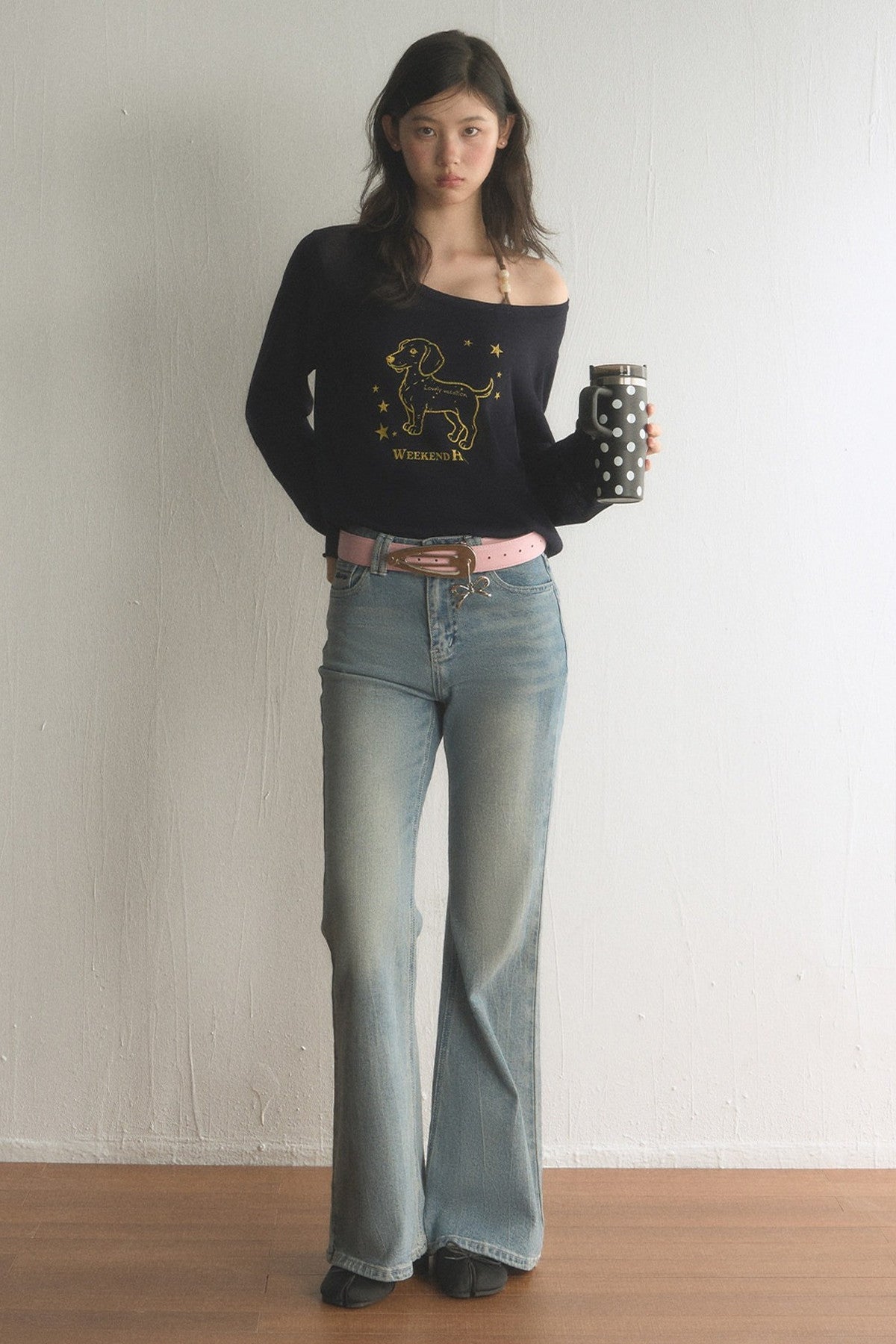 Off-Shoulder Dachshund Top and Flared Jeans Set-Up