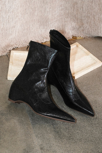 Pointed-Toe Black Leather Ankle Boots
