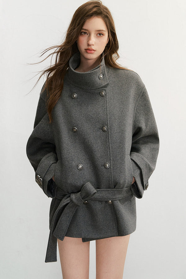 50% Wool Double-Breasted Tie Waist Jacket