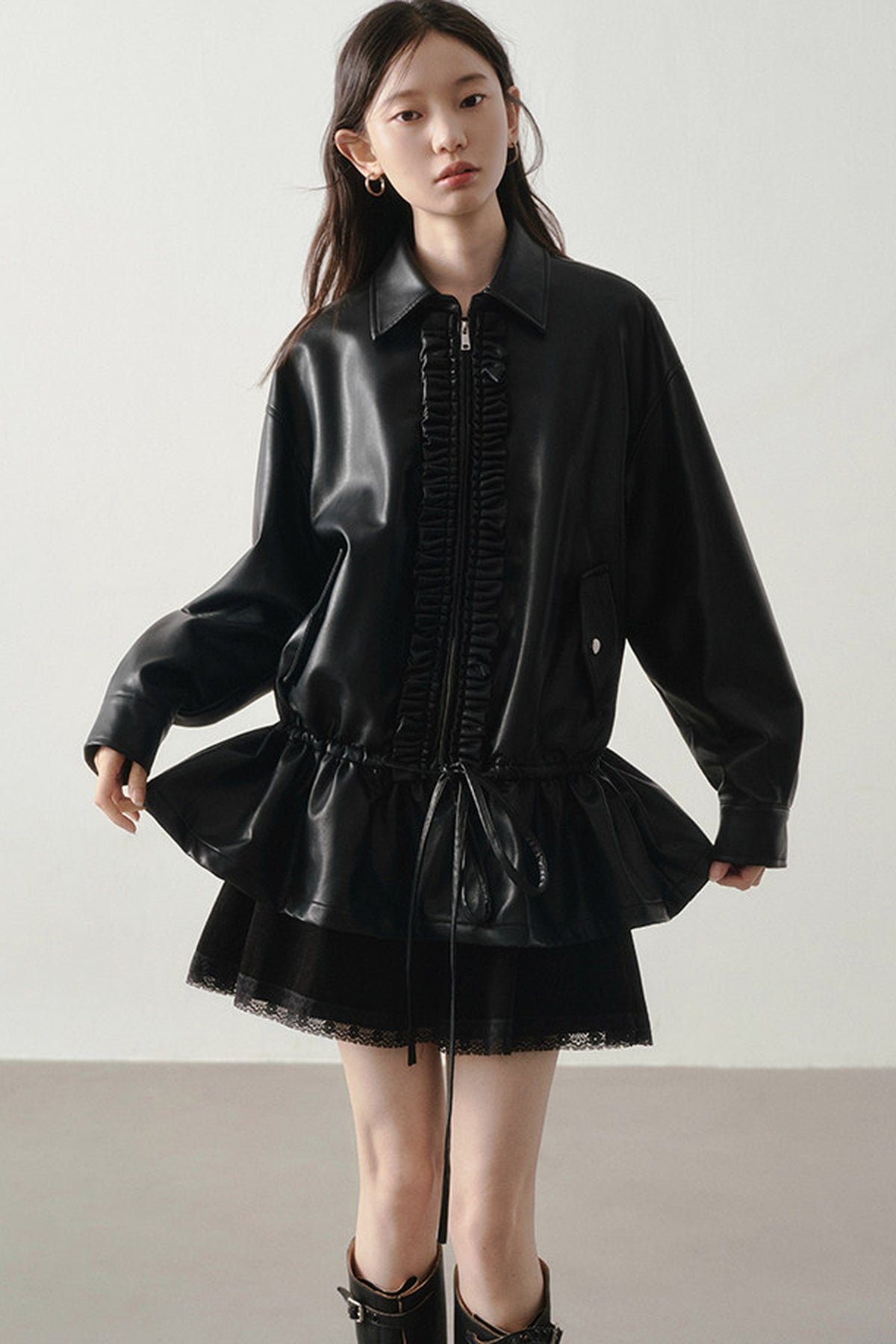 Drawstring Design Leather Jacket