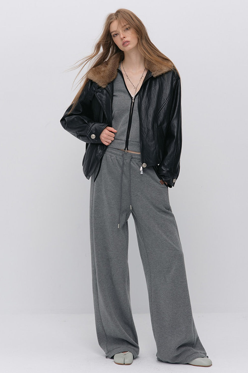 Textured Leopard Fur Collar PU Jacket
