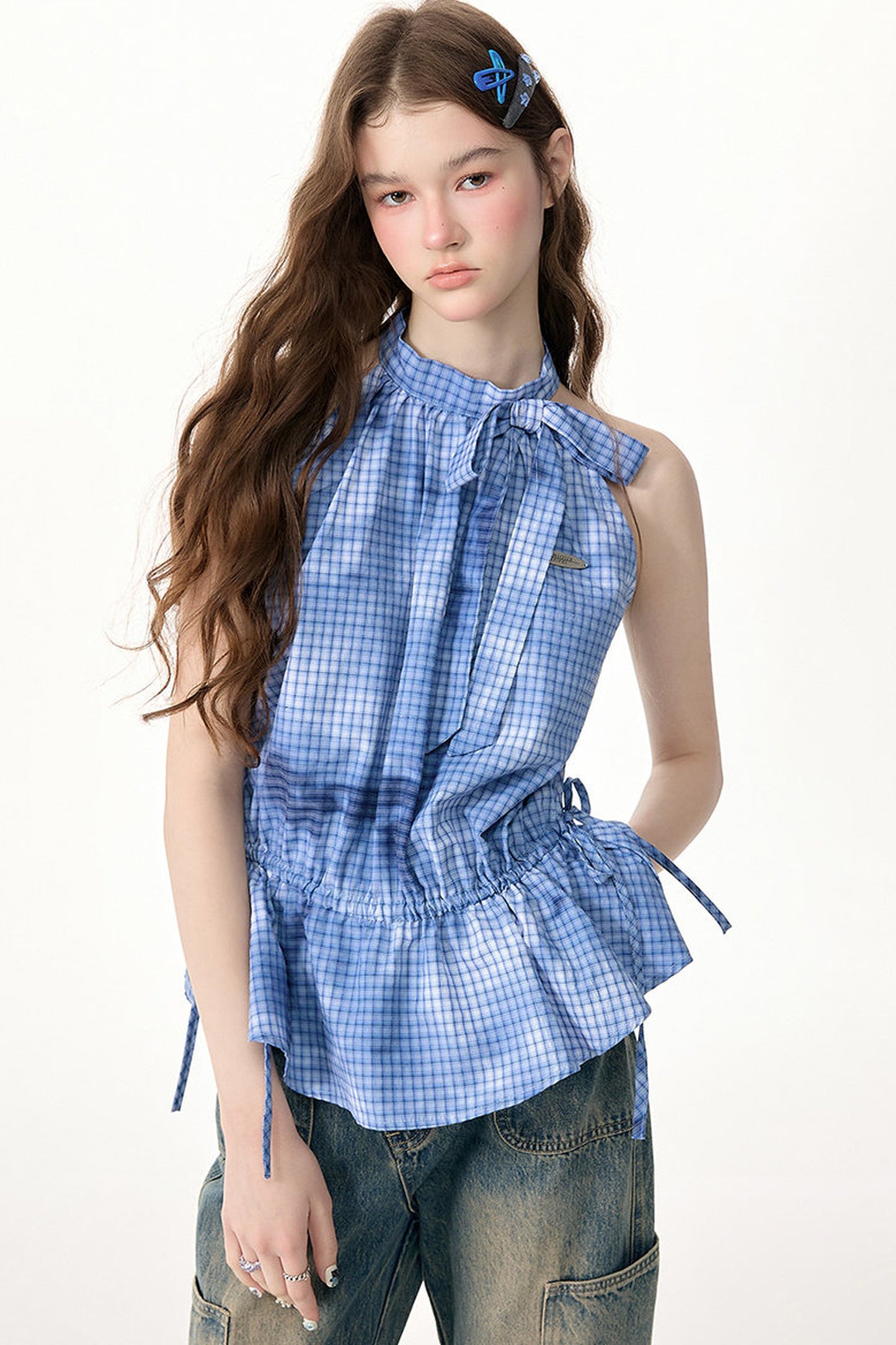 Blue Plaid Bow Halter Top