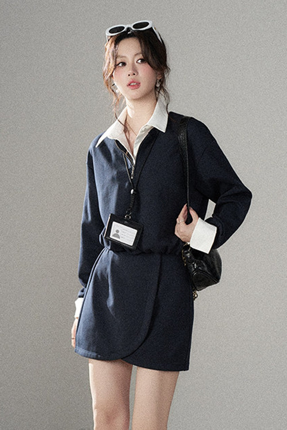 Layered-Look Polo Collar Sweatshirt Dress