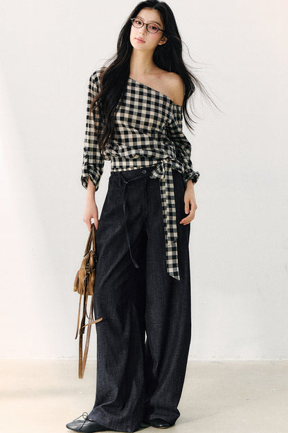 Washed Plaid Tube Top With Bow