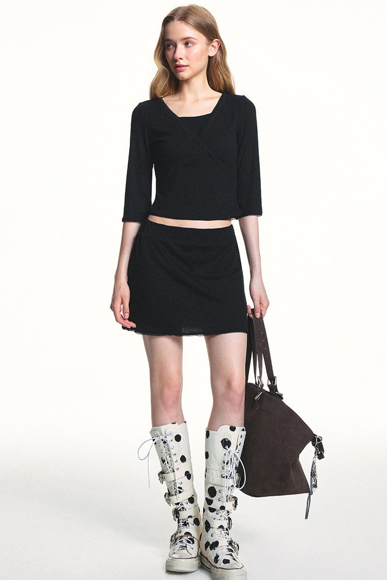 Conjunto de top de punto jacquard texturizado y falda